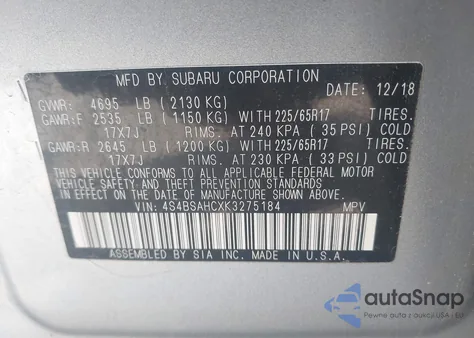 2019 Subaru Outback 2.5I Premium from USA, damaged, VIN 4S4BSAHCXK3275184